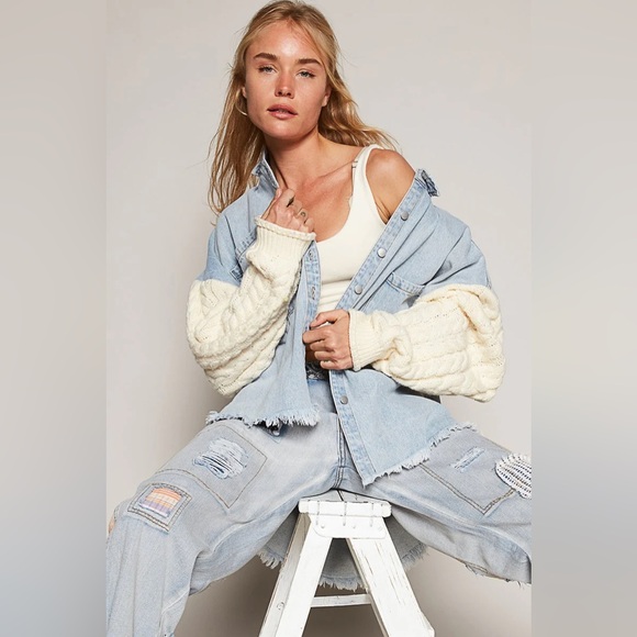 POL Denim & Cable Knit Button Down Shacket - Picture 3 of 9